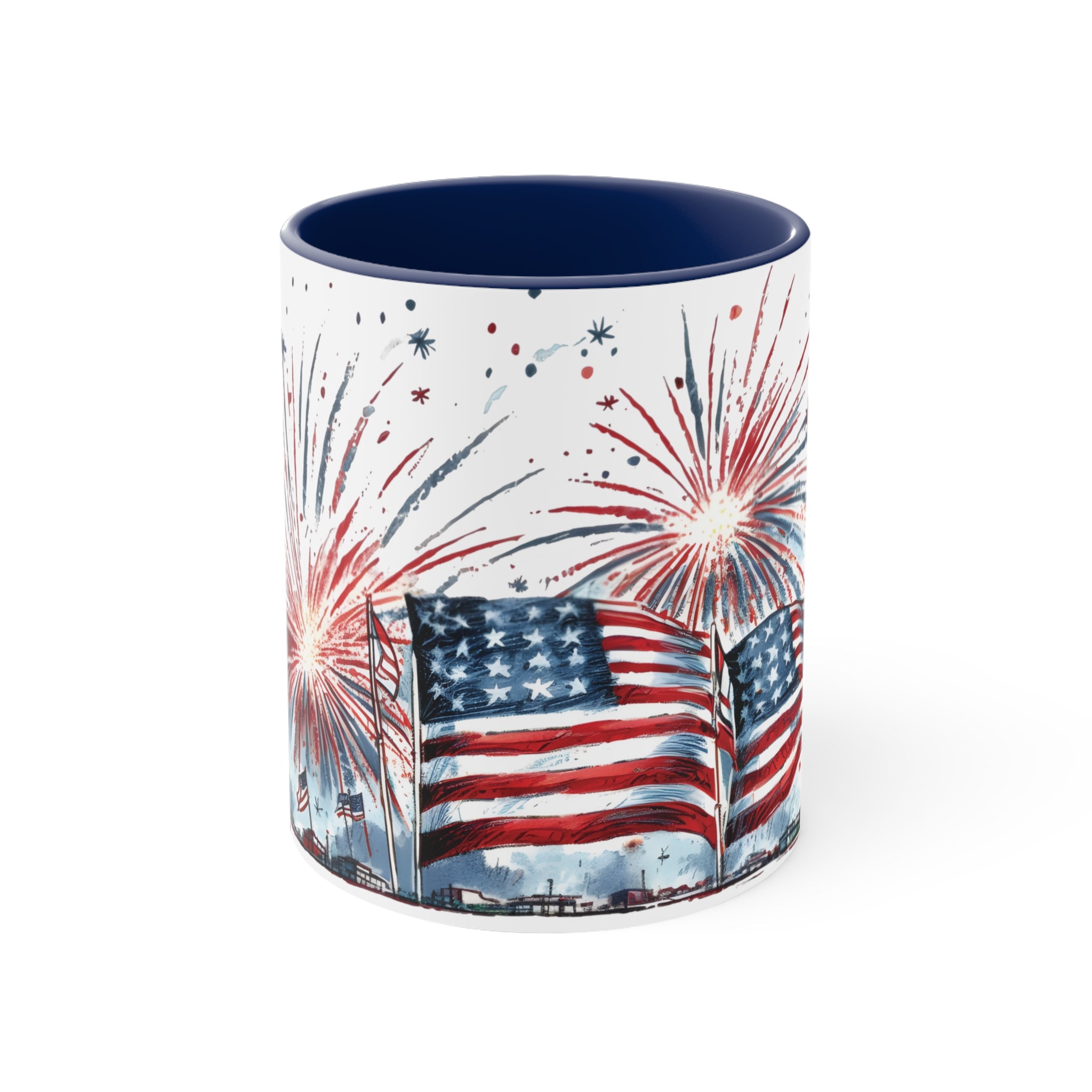 4th of july themed coffee mug with fireworks and the american flag.