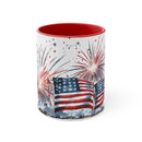 4th of july themed coffee mug with fireworks and the american flag.