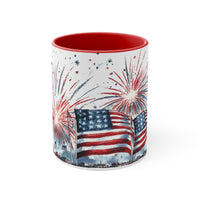 4th of july themed coffee mug with fireworks and the american flag.