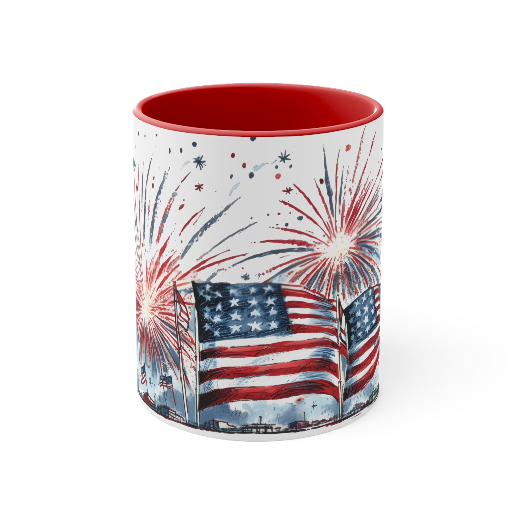 4th of july themed coffee mug with fireworks and the american flag.