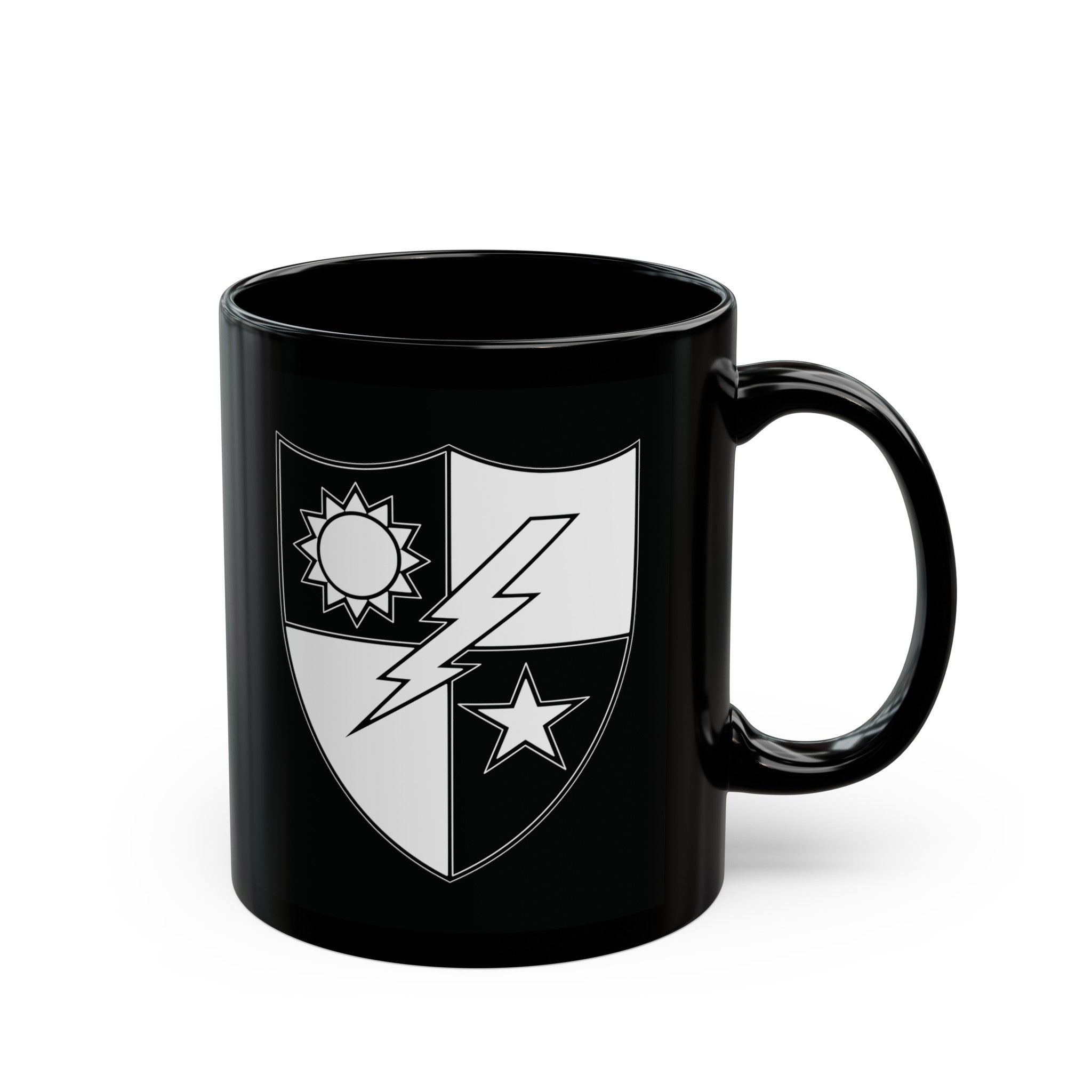 75th ranger regiment crest on a black coffee mug.
