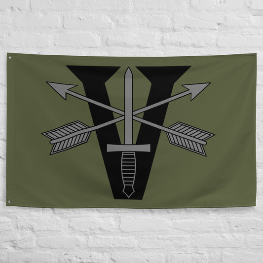Military green flag with 5th special forces group logo and roman numeral design