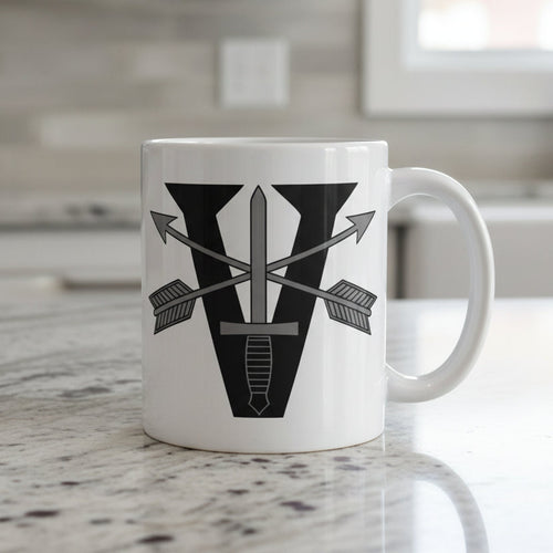 11oz white coffee mug with 5th special forces roman numeral design