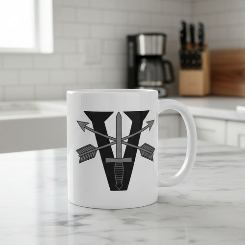 white coffee mug with 5th special forces group roman numeral design