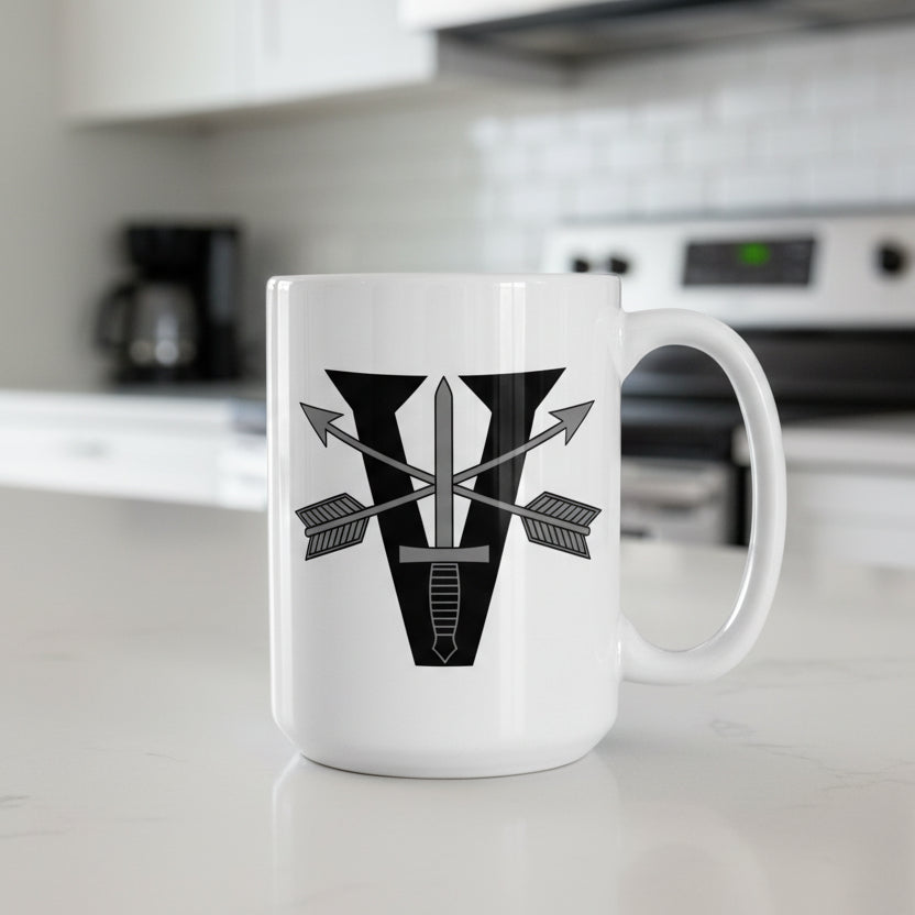 white coffee mug with 5th special forces group roman numeral design