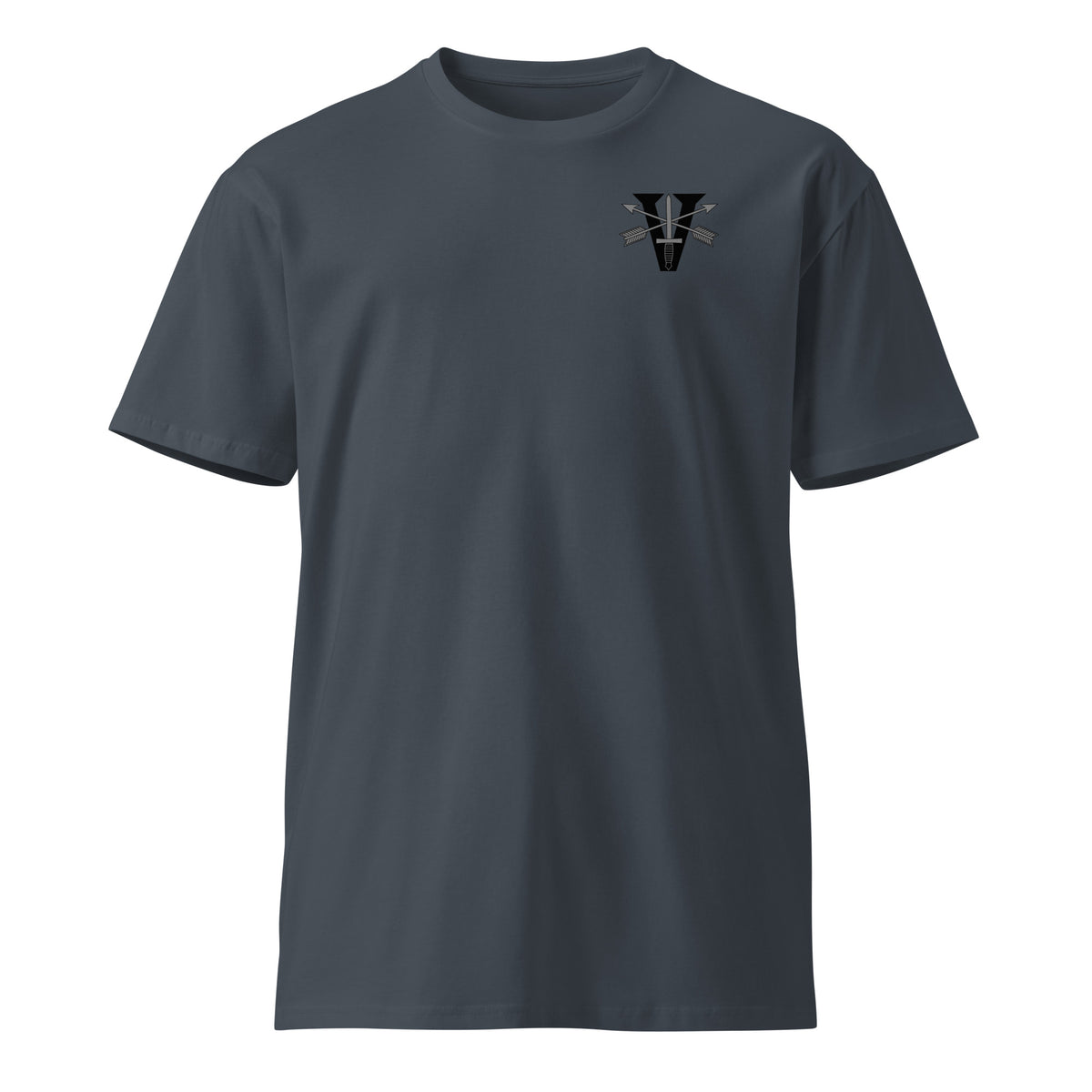 blue t-shirt with 5th special forces insignia on the left chest