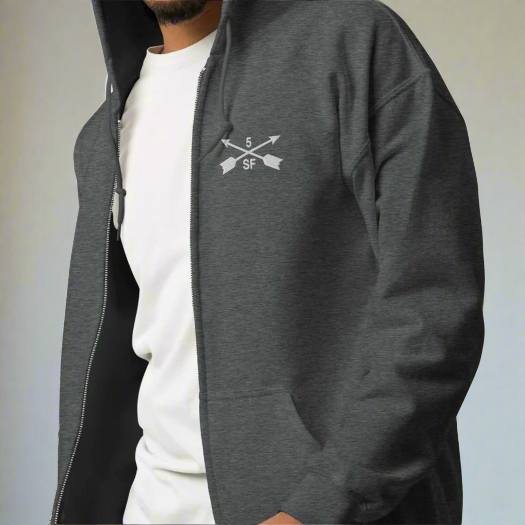 5th special forces hoodie with an embroidered design on the left chest of the crossed arrows.