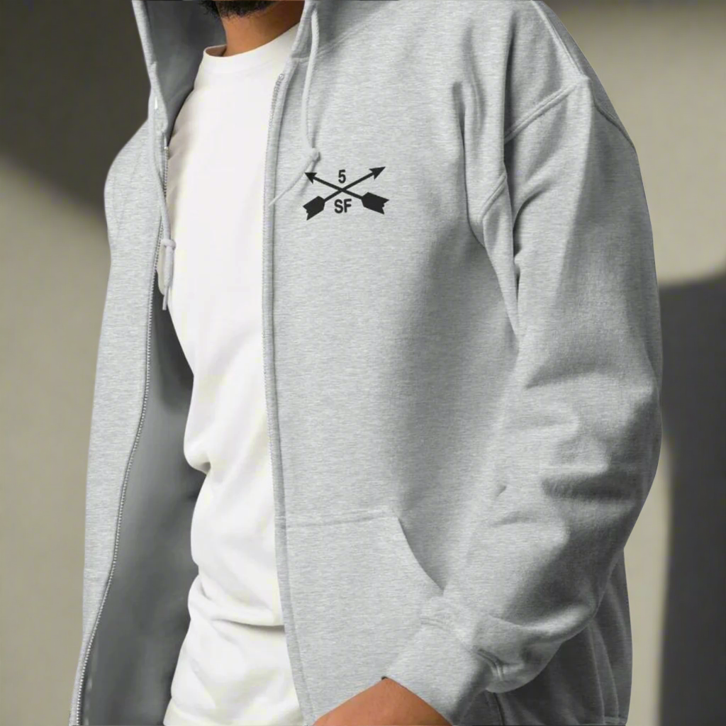 5th special forces hoodie with an embroidered design on the left chest of the crossed arrows.