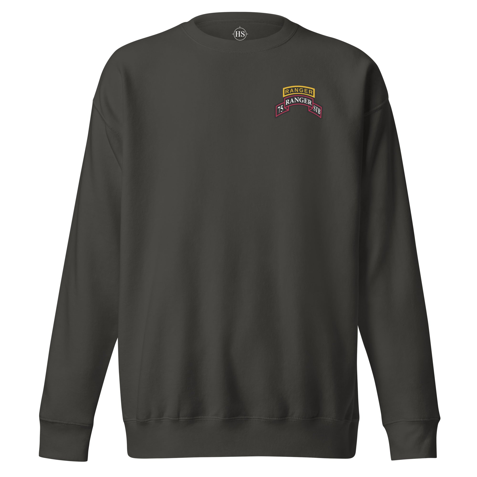 gray sweatshirt with 75th ranger regiment STB scroll and ranger school tab on the left chest