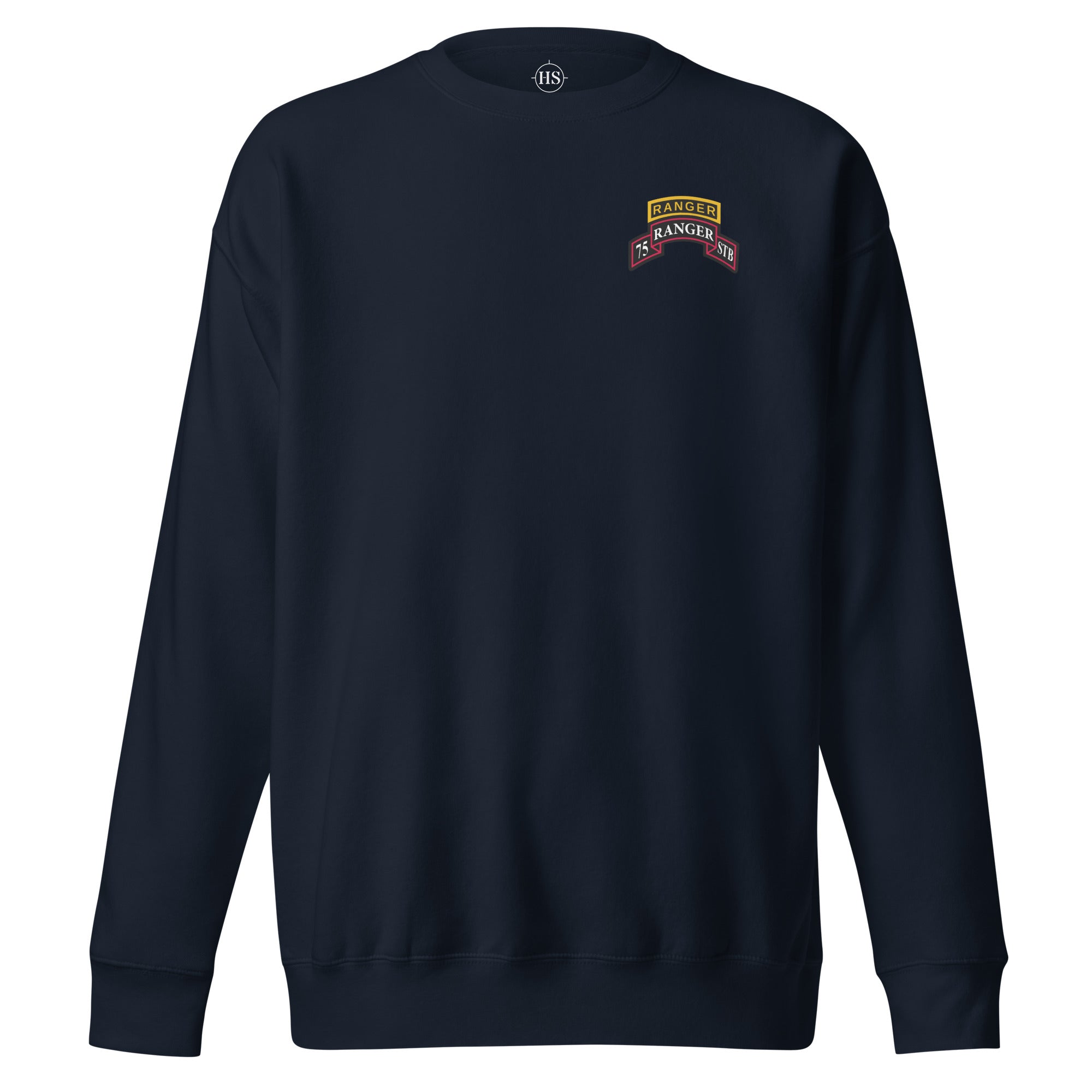 navy sweatshirt with 75th ranger regiment STB scroll and ranger school tab on the left chest