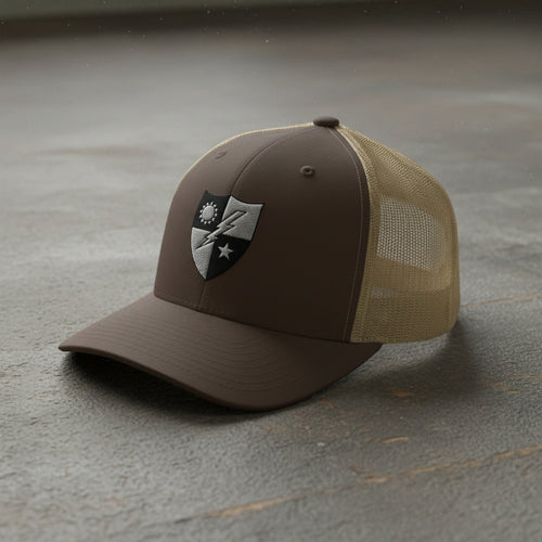 75th ranger regiment crest embroidered on a snapback trucker hat.