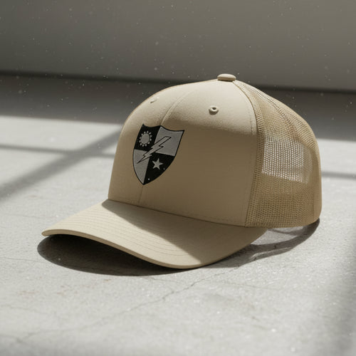 75th ranger regiment crest embroidered on a snapback trucker hat.