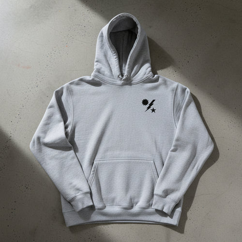 grey pullover hoodie with 75th ranger regiment insignia on the left chest