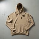khaki pullover hoodie with 75th ranger regiment insignia on the left chest