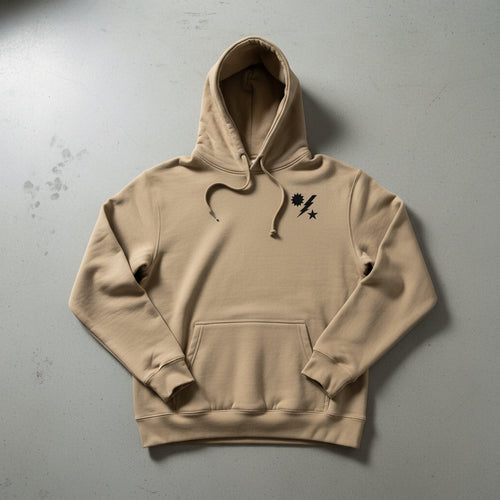 khaki pullover hoodie with 75th ranger regiment insignia on the left chest