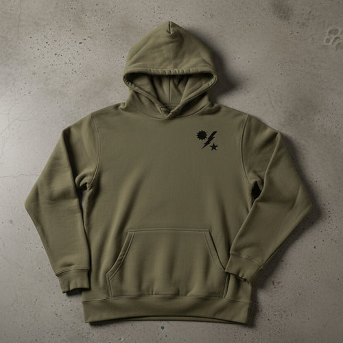 Military green pullover hoodie with 75th ranger regiment insignia on the left chest