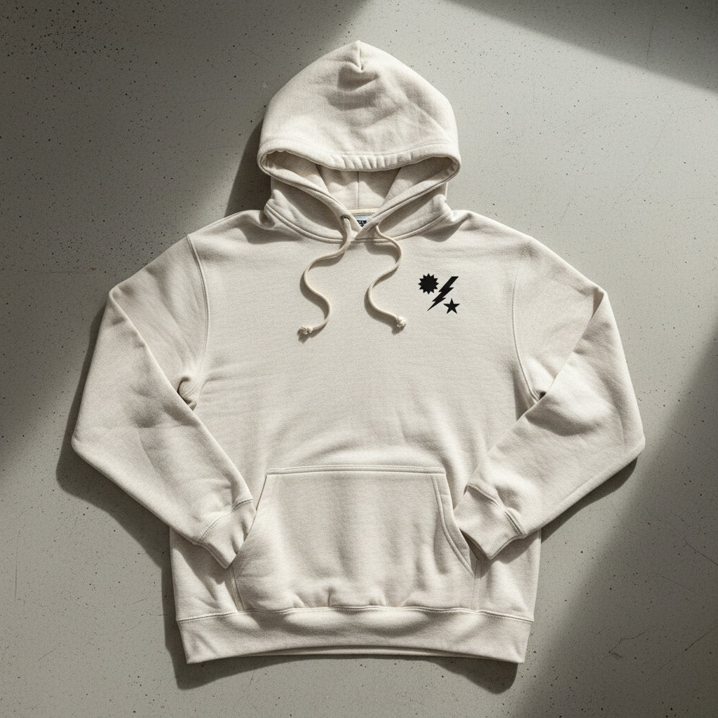 Beige pullover hoodie with 75th ranger regiment insignia on the left chest