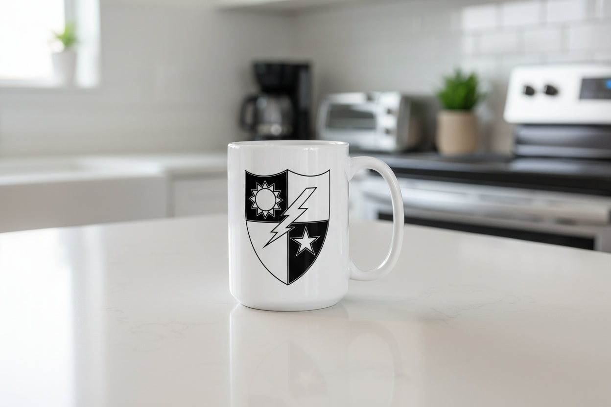15oz white coffee mug with 75th ranger regiment crest