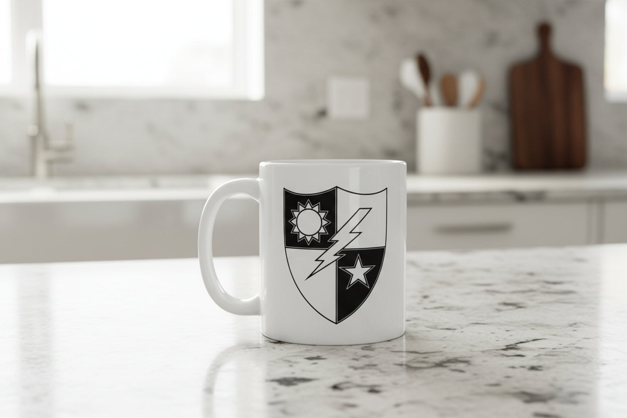 11oz white coffee mug with 75th ranger regiment crest