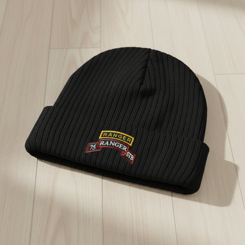 Ribbed knit beanie with 75th ranger regiment STB scroll and ranger school tab