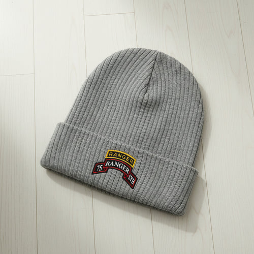 Ribbed knit beanie with 75th ranger regiment STB scroll and ranger school tab