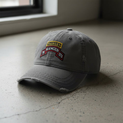 Distressed dad hat with 75th Ranger Regiment STB scroll and Ranger tab