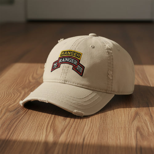 Distressed dad hat with 75th Ranger Regiment STB scroll and Ranger tab