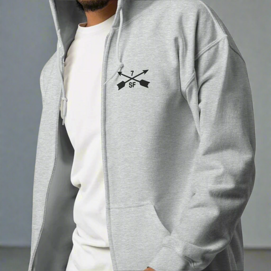 7th special forces hoodie with an embroidered design on the left chest of the crossed arrows.