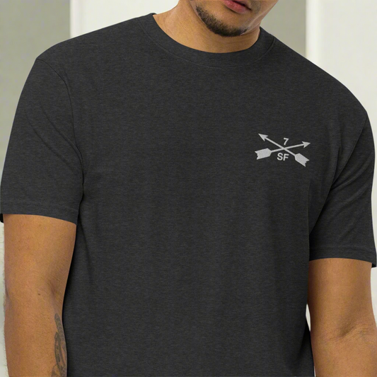 7th special forces embroidered design on the left chest of a men's t-shirt.