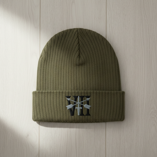 Ribbed knit beanie with 7th special forces group roman numeral design