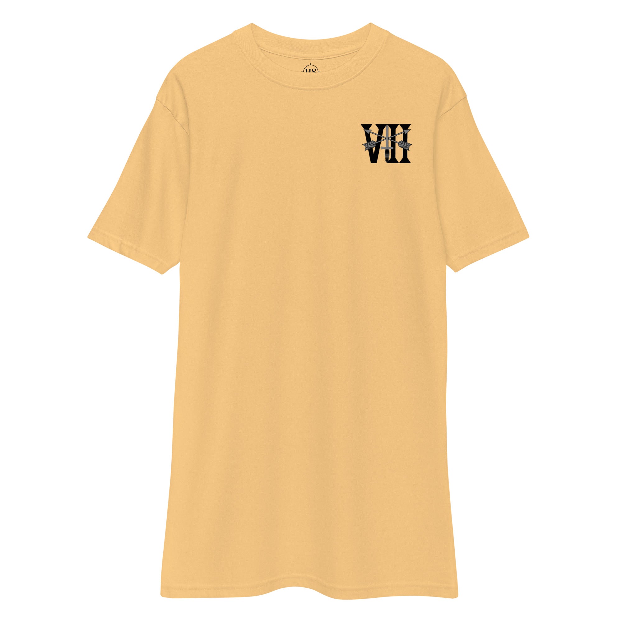 gold t-shirt with 7th special forces group insignia design on left chest