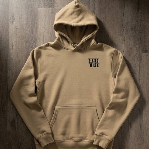 khaki hoodie with 7th special forces group insignia on the left chest. 