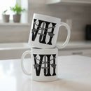 white coffee mug with 7th special forces group roman numeral design
