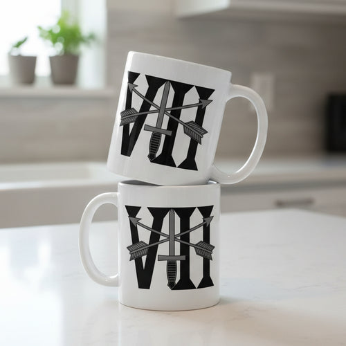 white coffee mug with 7th special forces group roman numeral design