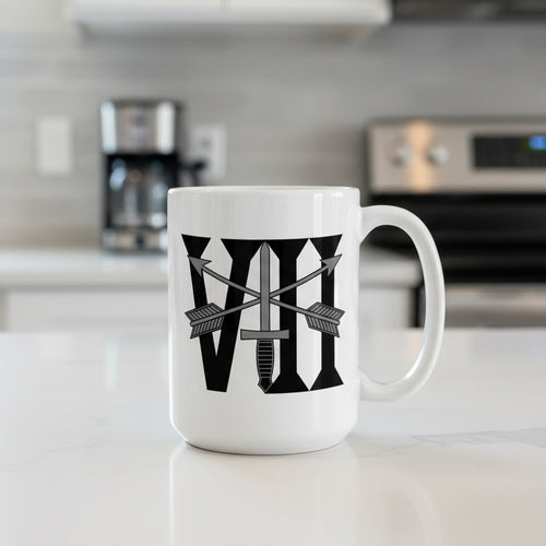 white coffee mug with 7th special forces group roman numeral design