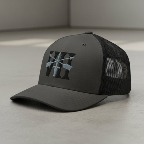 Snapback trucker hat embroidered with 7th special forces group roman numeral design