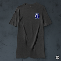 Charcoal t-shirt with 82nd airborne insignia and the text athletic alcoholics 