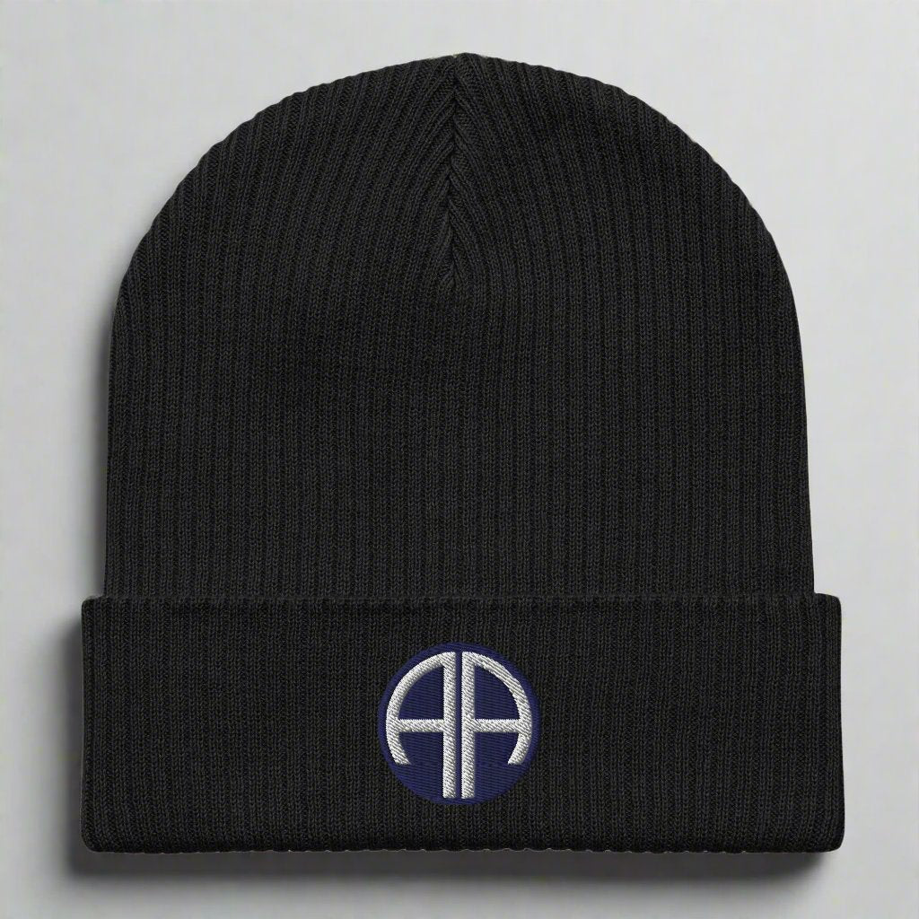 82nd airborne division ribbed beanie embroidered with insignia.