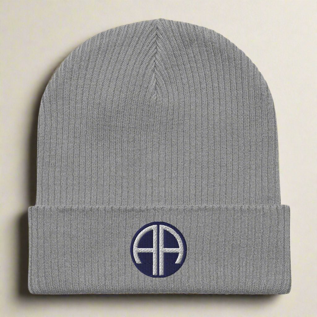 82nd airborne division ribbed beanie embroidered with insignia.