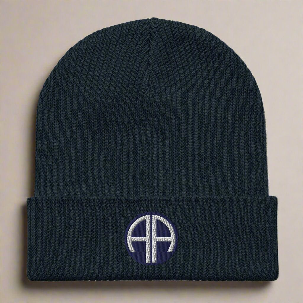 82nd airborne division ribbed beanie embroidered with insignia.