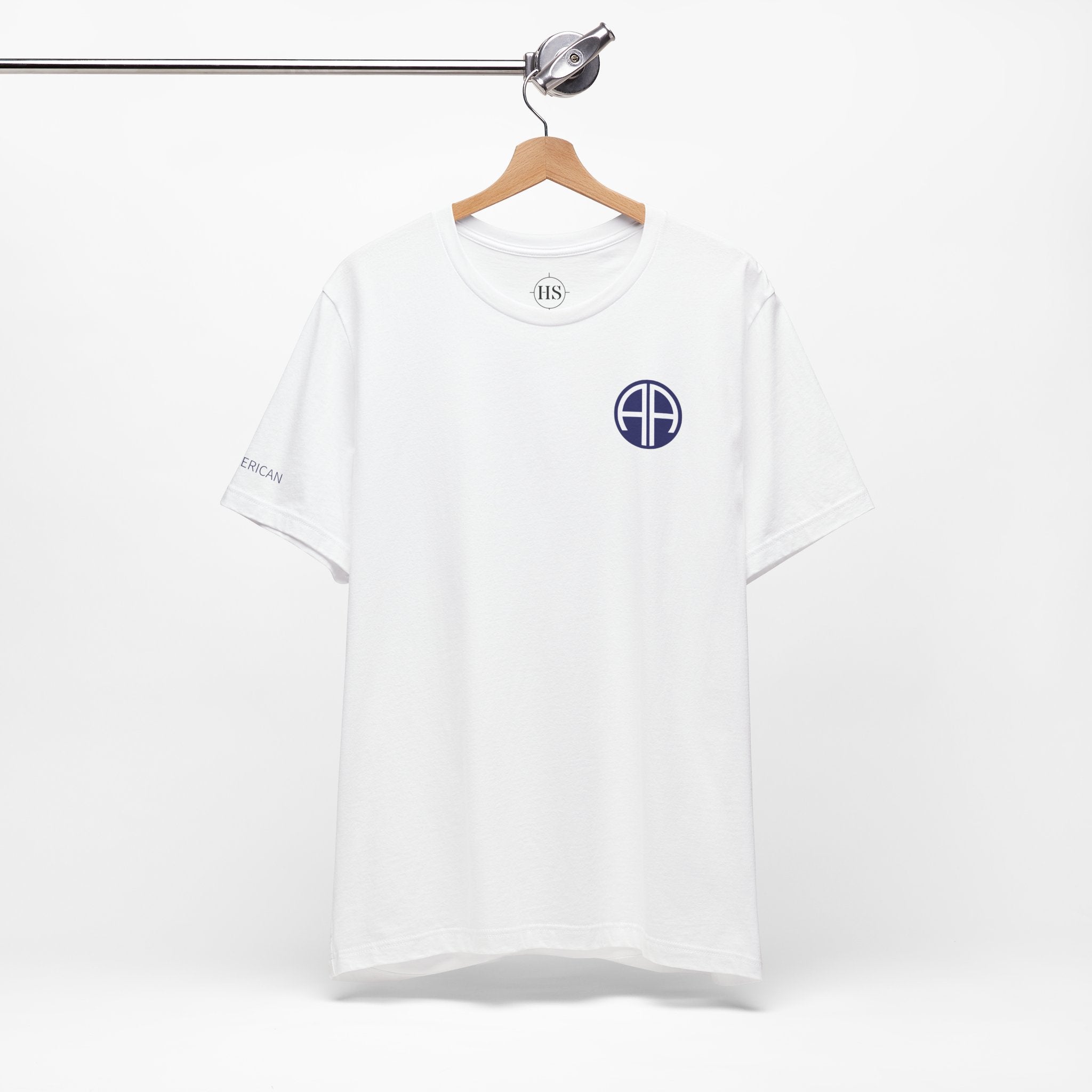 white t-shirt with 82nd airborne insignia and all american motto.