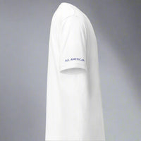 white t-shirt with 82nd airborne insignia and all american motto.