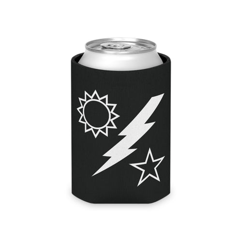 Black can cooler with white sun, lightning bolt, and star designs on a white background