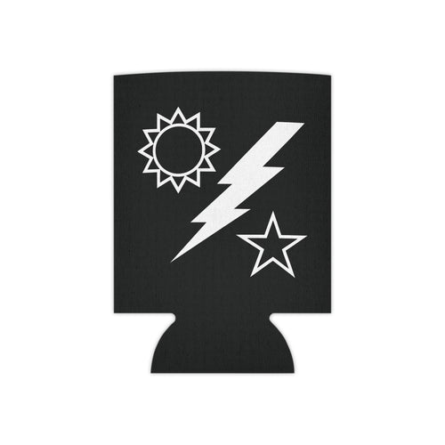 Black can cooler with white sun, lightning bolt, and star designs on a white background