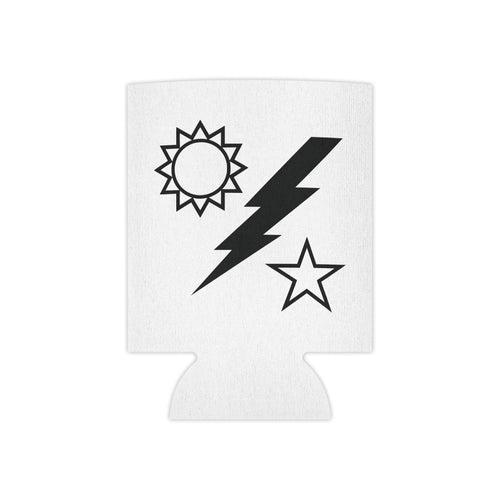 White can cooler with black sun, lightning bolt, and star designs on a white background
