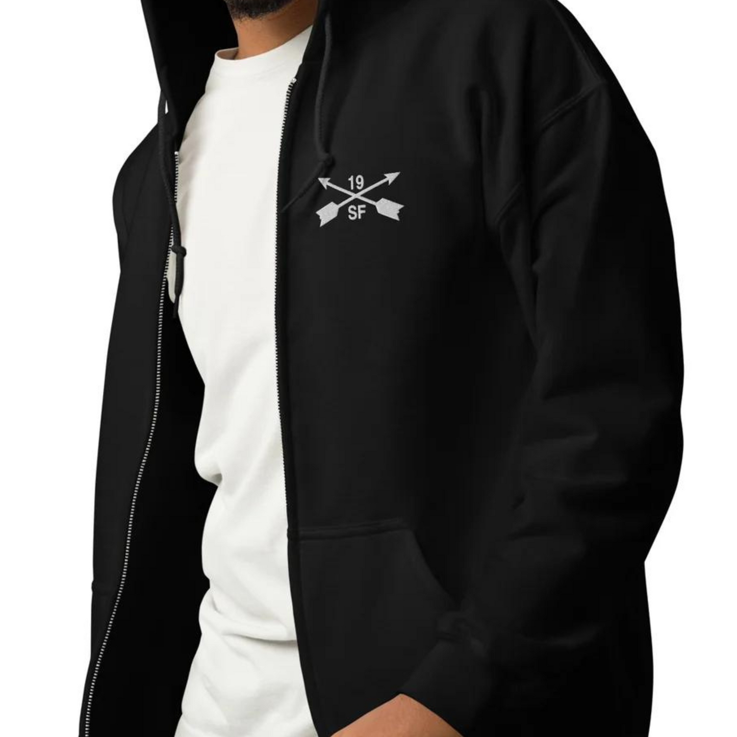 19th special forces hoodie with an embroidered design on the left chest of the crossed arrows.