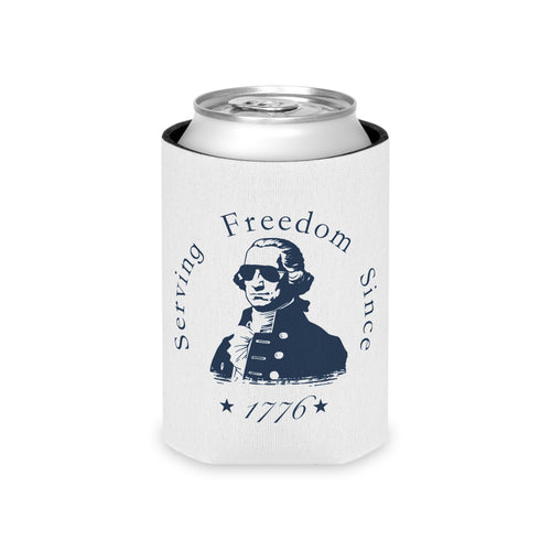 White can cooler with a design of George Washington and text 'Serving Freedom Since 1776' on a white background.