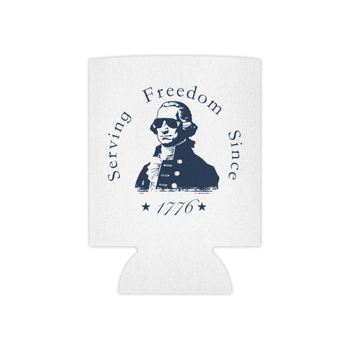 White can cooler with a design of George Washington and text 'Serving Freedom Since 1776' on a white background.
