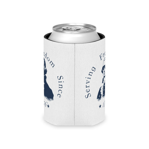 White can cooler with a design of George Washington and text 'Serving Freedom Since 1776' on a white background.