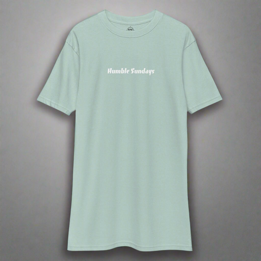 Men's agave colored t-shirt with the words Humble Sundays across the chest.